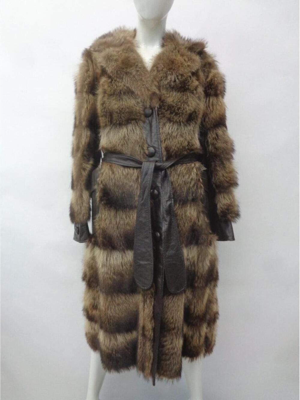 Mint Raccoon Fur & Leather Coat Jacket Women Woman Size 4 Small W/Belt